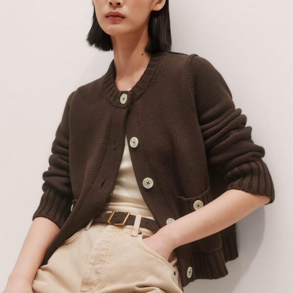 Me + Em Crop Cardigan – luxury British Brown in Me and Em exclusively at Coveti