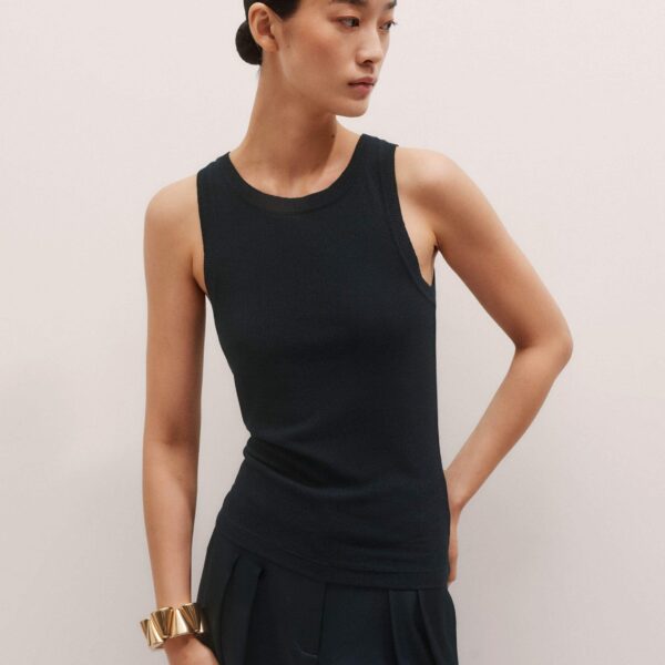 Me + Em Metallic AM-PM Tank – luxury British Blue in Me and Em exclusively at Coveti