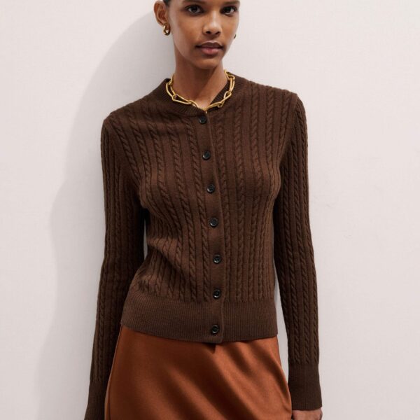 Me + Em Micro Cable Cardigan – luxury British Brown in Me and Em exclusively at Coveti