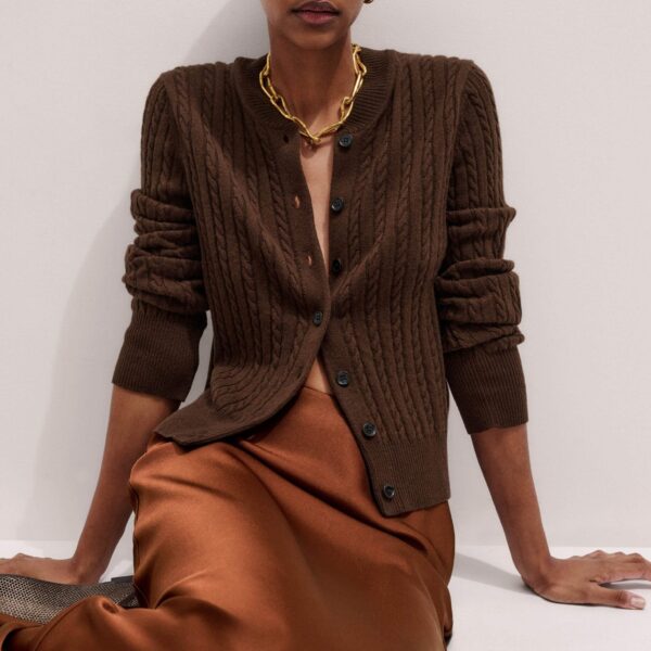 Me + Em Micro Cable Cardigan – luxury British Brown in Me and Em exclusively at Coveti