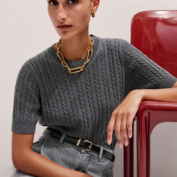 Me + Em Micro Cable Knit Tee – luxury British Grey in Me and Em exclusively at Coveti