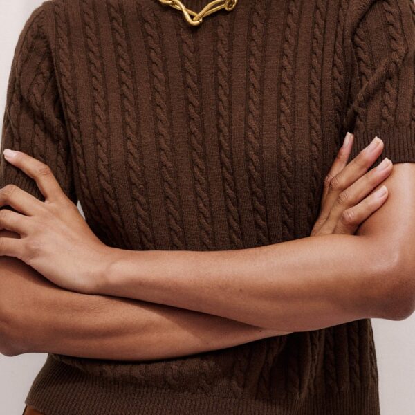 Me + Em Micro Cable Knit Tee – luxury British Brown in Me and Em exclusively at Coveti