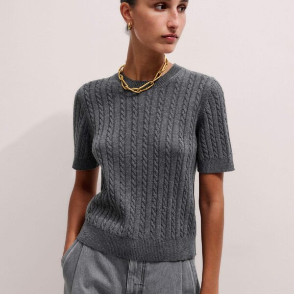 Me + Em Micro Cable Knit Tee – luxury British Grey in Me and Em exclusively at Coveti