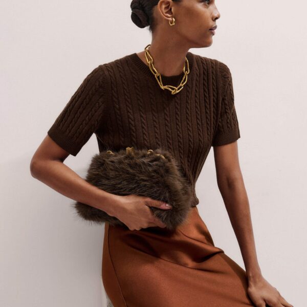 Me + Em Micro Cable Knit Tee – luxury British Brown in Me and Em exclusively at Coveti