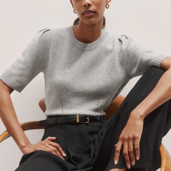 Me and Em Pouf Sleeve Knit Tee – luxury British Gray in Me and Em exclusively at Coveti