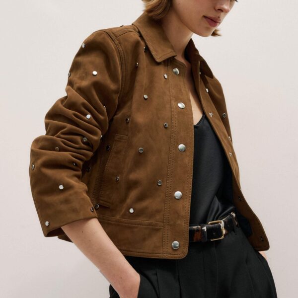 Me and Em Relaxed Studded Jacket – luxury British Brown in Me and Em exclusively at Coveti