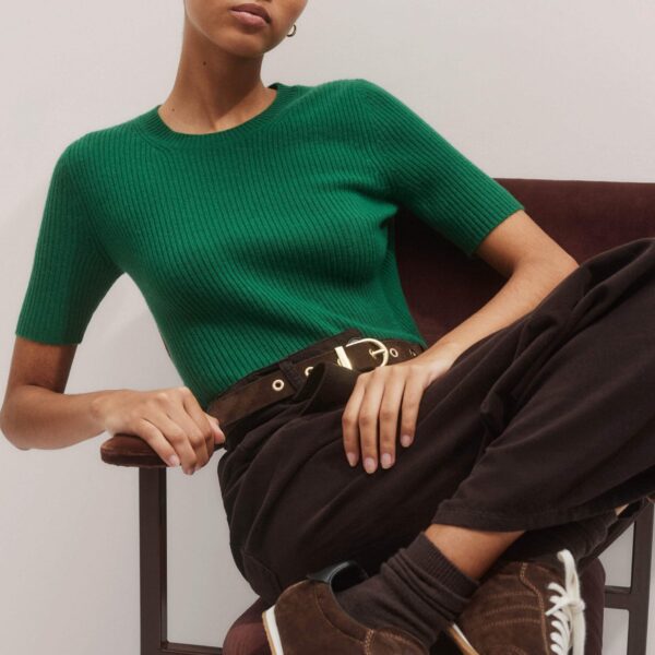 Me + Em Rib Knit Slim Tee – luxury British Green in Me and Em exclusively at Coveti