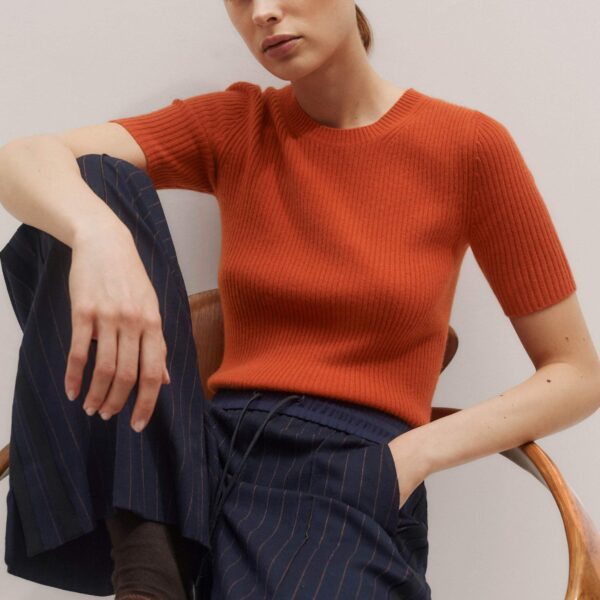 Me + Em Rib Knit Slim Tee – luxury British Orange in Me and Em exclusively at Coveti