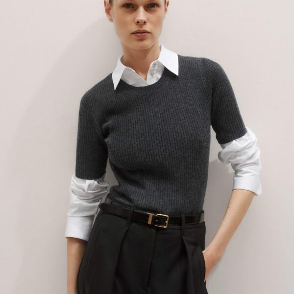 Me + Em Rib Knit Slim Tee – luxury British Grey in Me and Em exclusively at Coveti