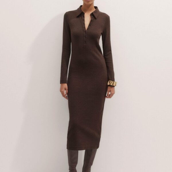 Me + Em Rib Midi Shirt Dress – luxury British Brown in Me and Em exclusively at Coveti