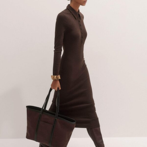 Me + Em Rib Midi Shirt Dress – luxury British Brown in Me and Em exclusively at Coveti