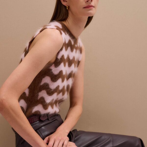 Me + Em Scallop Stripe Vest – luxury British Brown in Me and Em exclusively at Coveti