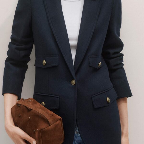 Me + Em Sharp Shoulder Blazer – luxury British Blue in Me and Em exclusively at Coveti