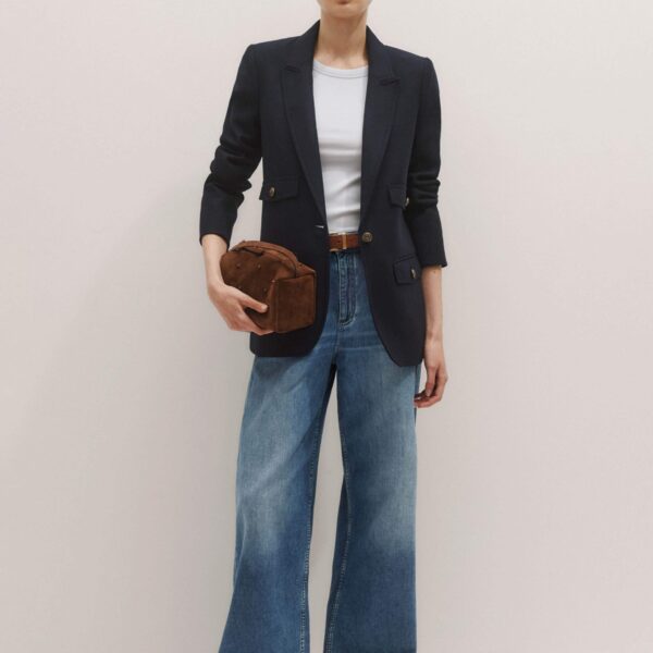 Me + Em Sharp Shoulder Blazer – luxury British Blue in Me and Em exclusively at Coveti