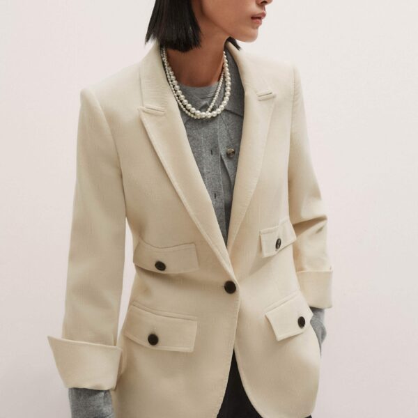 Me + Em Sharp Shoulder Blazer – luxury British Ivory in Me and Em exclusively at Coveti