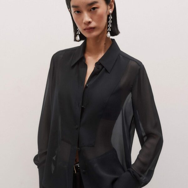 Me + Em Sheer Evening Shirt – luxury British Black in Me and Em exclusively at Coveti