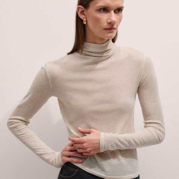 Me + Em Sheer High Neck Top – luxury British Beige in Me and Em exclusively at Coveti