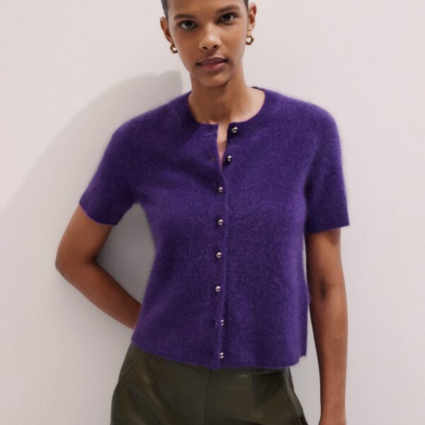 Me + Em Short Sleeve Cardigan – luxury British Purple in Me and Em exclusively at Coveti