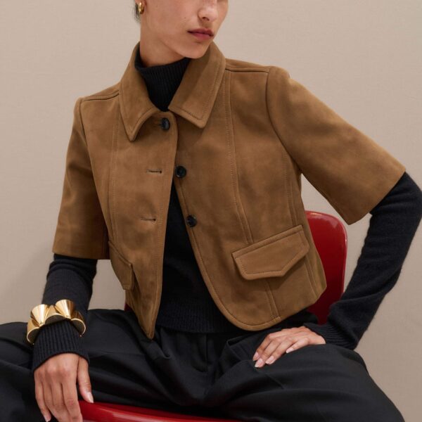 Me + Em Short Sleeve Jacket – luxury British Brown in Me and Em exclusively at Coveti
