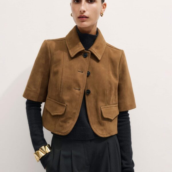 Me + Em Short Sleeve Jacket – luxury British Brown in Me and Em exclusively at Coveti