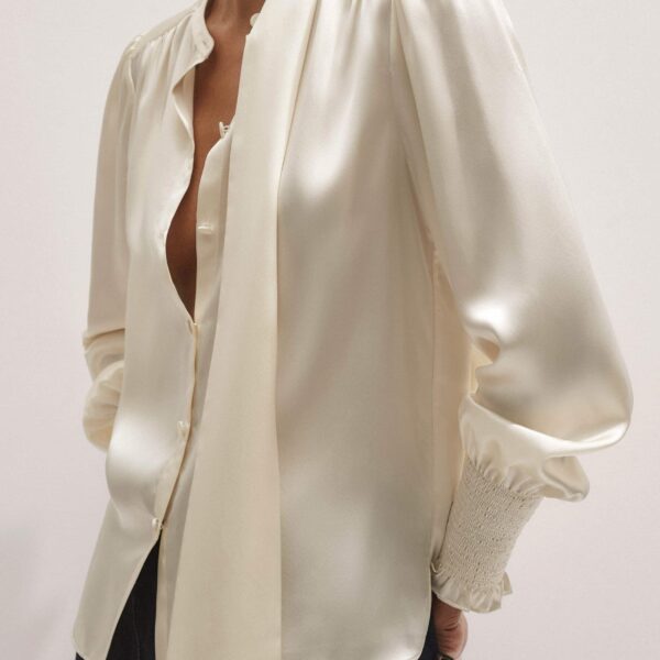 Me + Em Silk Satin Blouse + Tie – luxury British Ivory in Me and Em exclusively at Coveti