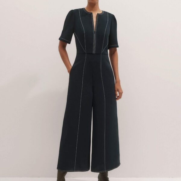 Me + Em Stitch Jumpsuit + Belt – luxury British Blue in Me and Em exclusively at Coveti