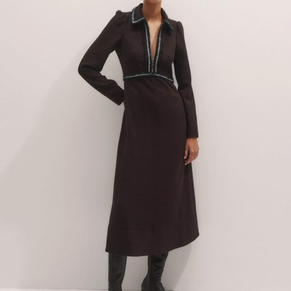 Me + Em Textured Midi Dress – luxury British Brown in Me and Em exclusively at Coveti