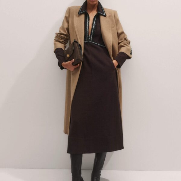 Me + Em Textured Midi Dress – luxury British Brown in Me and Em exclusively at Coveti