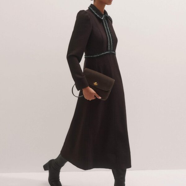 Me + Em Textured Midi Dress – luxury British Brown in Me and Em exclusively at Coveti