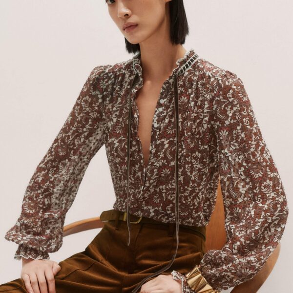 Me + Em Tonal Tie Blouse – luxury British Brown in Me and Em exclusively at Coveti
