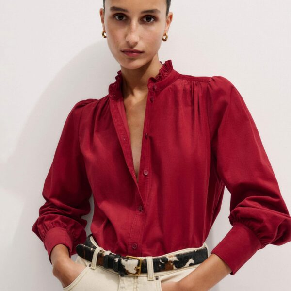 Me + Em Winter Blouse – luxury British Red in Me and Em exclusively at Coveti