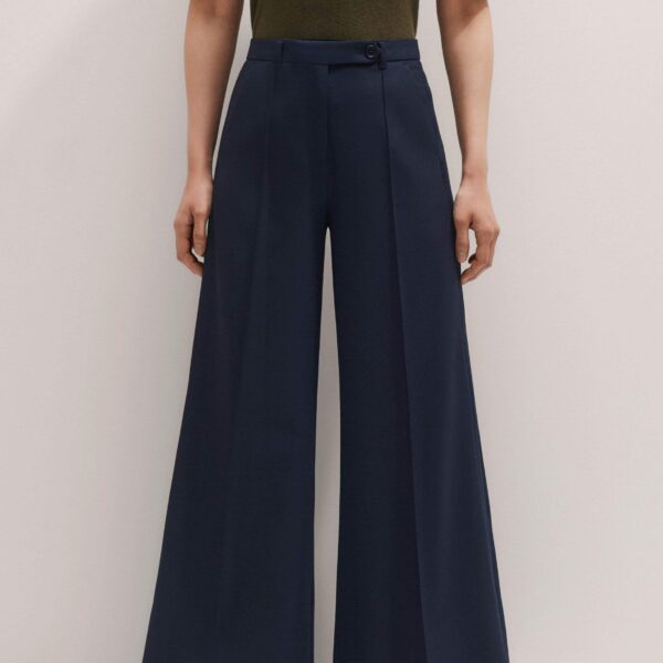 Me + Em Wool-Blend Exaggerated Flare Trouser – luxury British Blue in Me and Em exclusively at Coveti