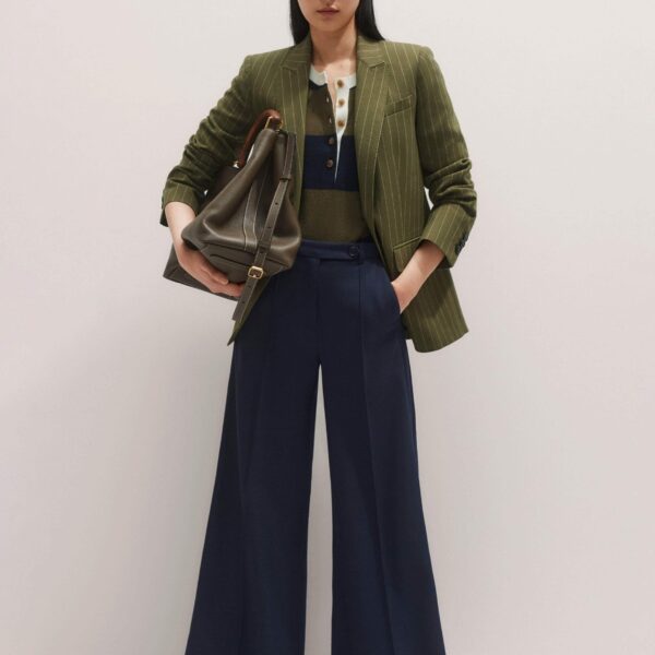 Me and Em Wool-Blend Exaggerated Flare Trouser – luxury British Blue in Me and Em exclusively at Coveti