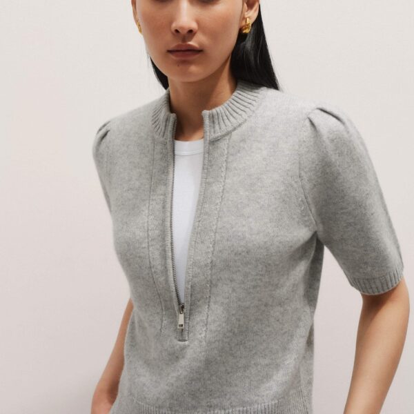 Me and Em Zip Neck Knit Tee – luxury British Gray in Me and Em exclusively at Coveti