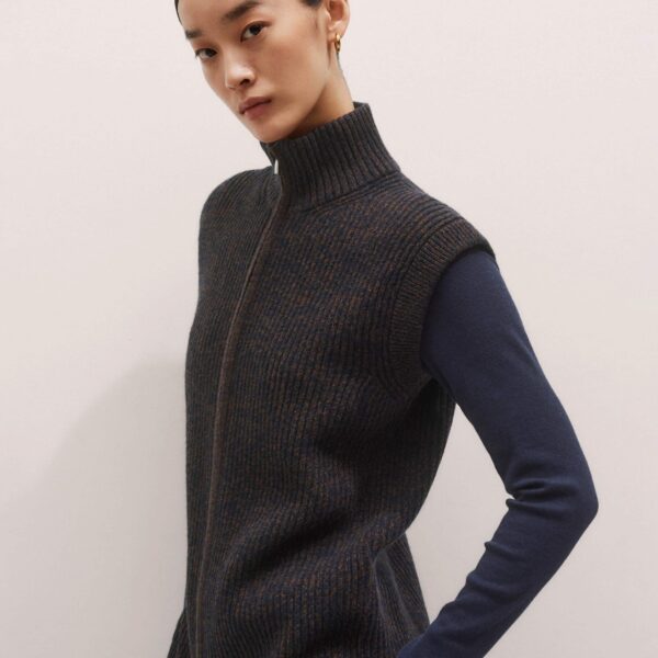 Me + Em Zip Sweater Vest – luxury British Brown in Me and Em exclusively at Coveti
