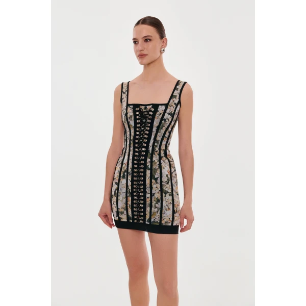 Milla Alluring floral mini dress with bold lace-up hook closure, view 5