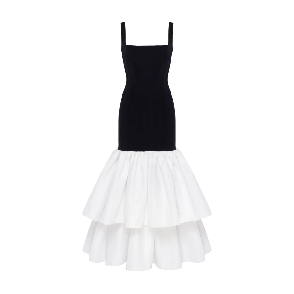 Milla Black fitted maxi dress with white puffy tiered skirt, Parisienne