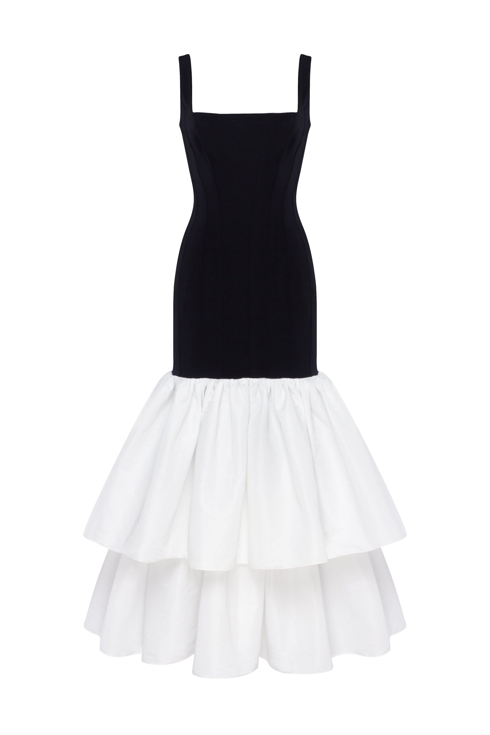 Milla Black fitted maxi dress with white puffy tiered skirt Elevate your elegance in this Milla Dresses from the 2025 resort wear edit