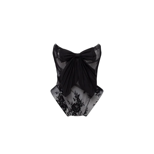 Milla Black lace over the white mesh peplum corset with an oversized bow, Parisienne Top
