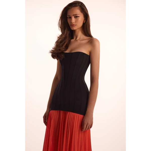 Milla Black&Coral dress with a pleated skirt, Parisienne, view 5