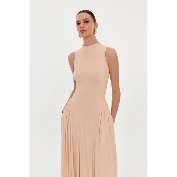Milla Nude sleeveless mock neck dress with a pleated maxi skirt, view 5