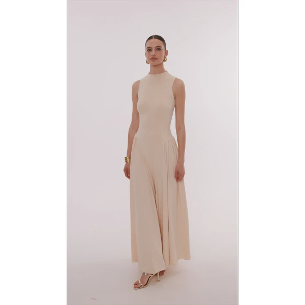 Milla Nude sleeveless mock neck dress with a pleated maxi skirt, view 7