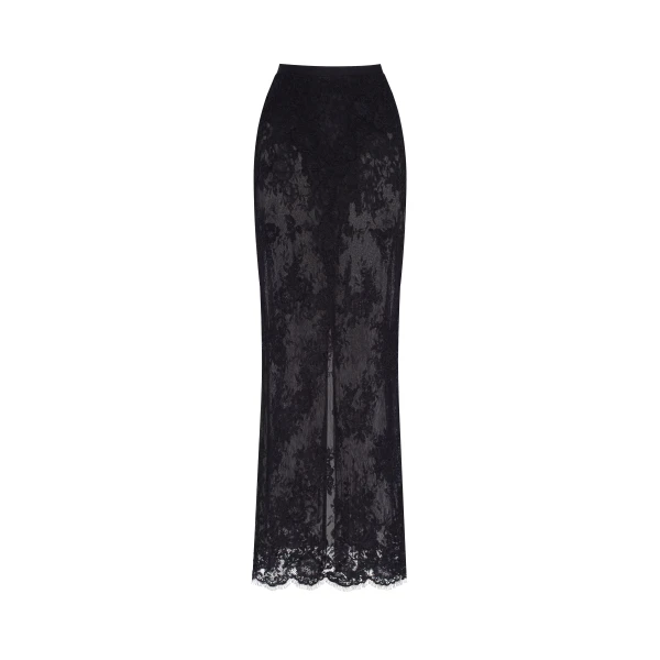 Milla Sensual semi-sheer maxi skirt crafted from black floral lace, Parisienne