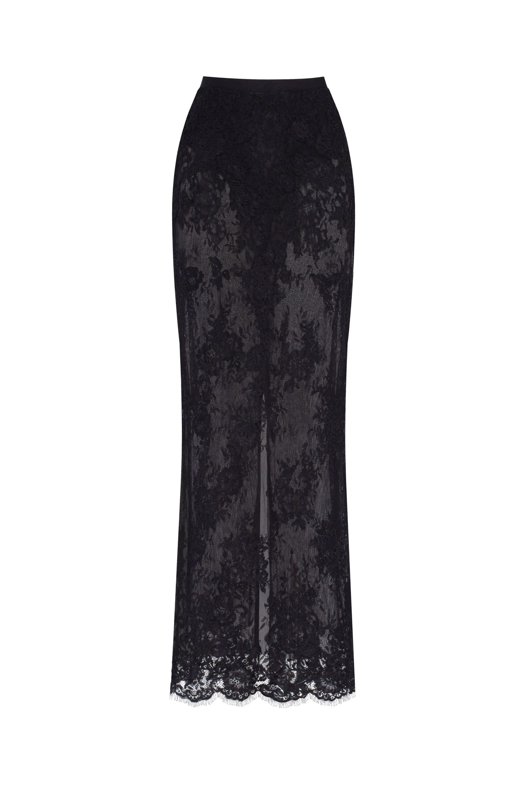 Milla Sensual semi-sheer maxi skirt crafted from black floral lace Elevate your elegance in this Milla Skirts from the 2025 resort wear edit