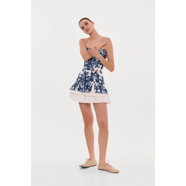 Milla Strapless blue hydrangea mini dress with accent lacing, view 5