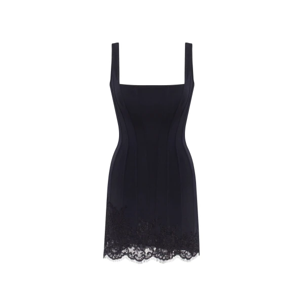 Milla Sultry black corset mini dress with lace hem, Parisienne