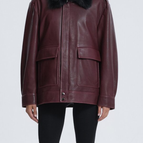 Nour Hammour Jackets Color | Drey Shearling Collar Distressed Jacket luxury leather Jackets from Coveti