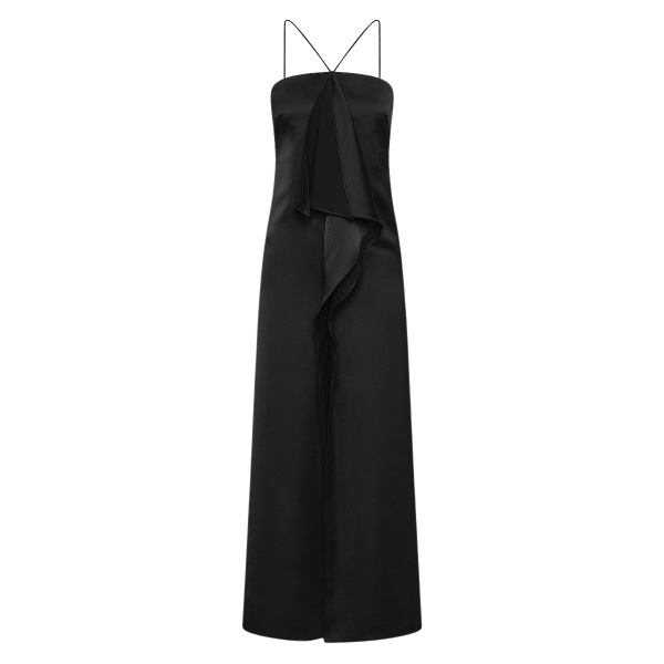 Carla Zampatti Black Lustre Satin Frill Front Dress