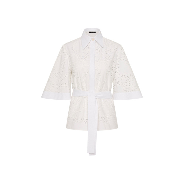 Carla Zampatti Ivory Lace Broderie Fluted Sleeve Tie Top