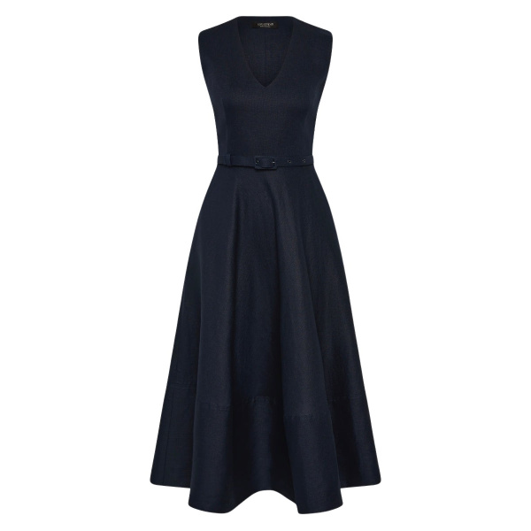 Carla Zampatti Navy Linen Belted Midi Dress